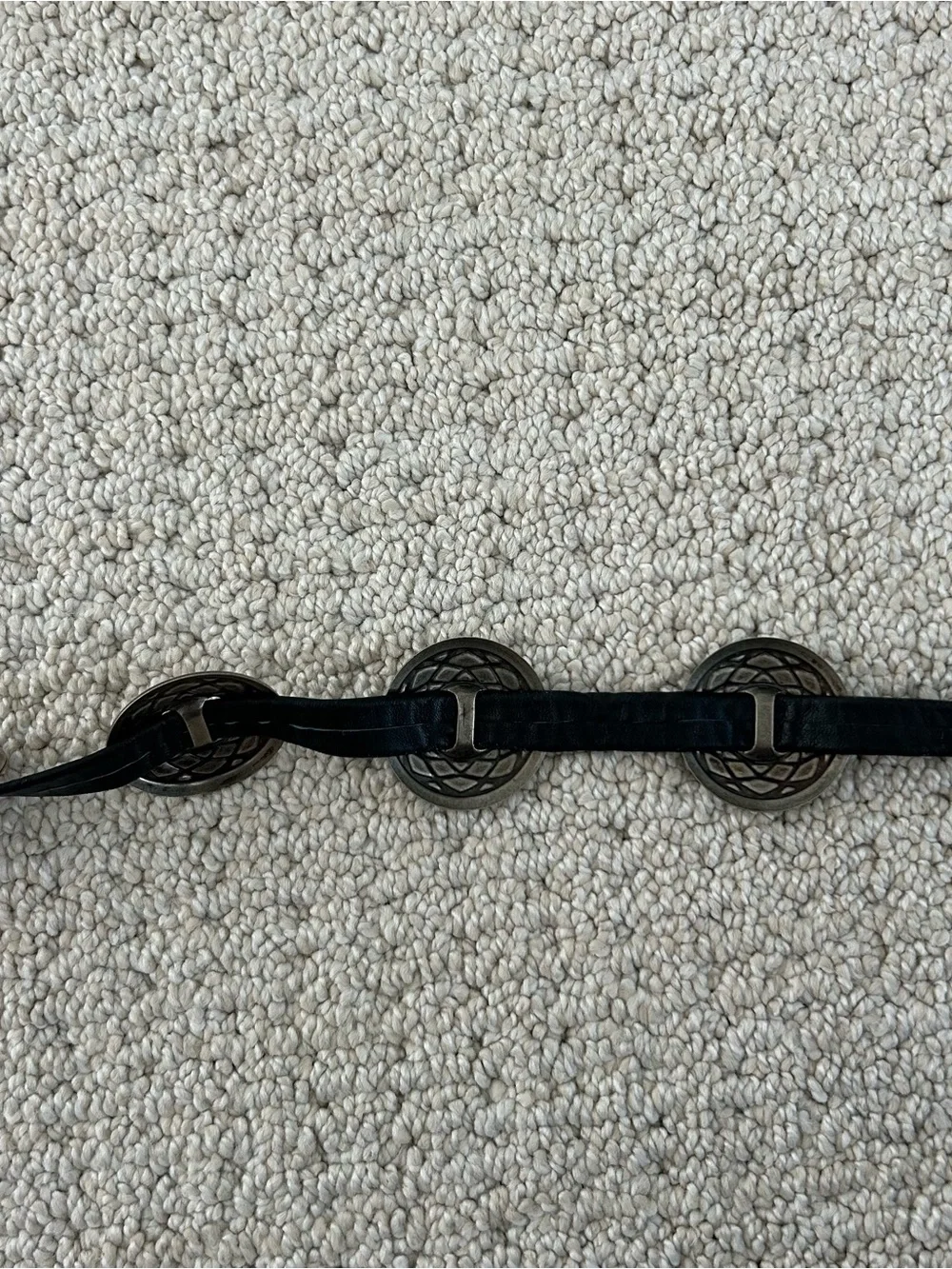 Black Faux Leather Women’s Tie Belt with Antique Silver Tone Conchos